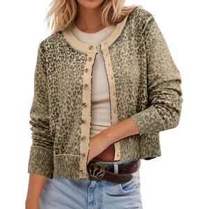 Leopard Cardigan Women Long Sleeve Button Up Knit Sweater Cheetah Print